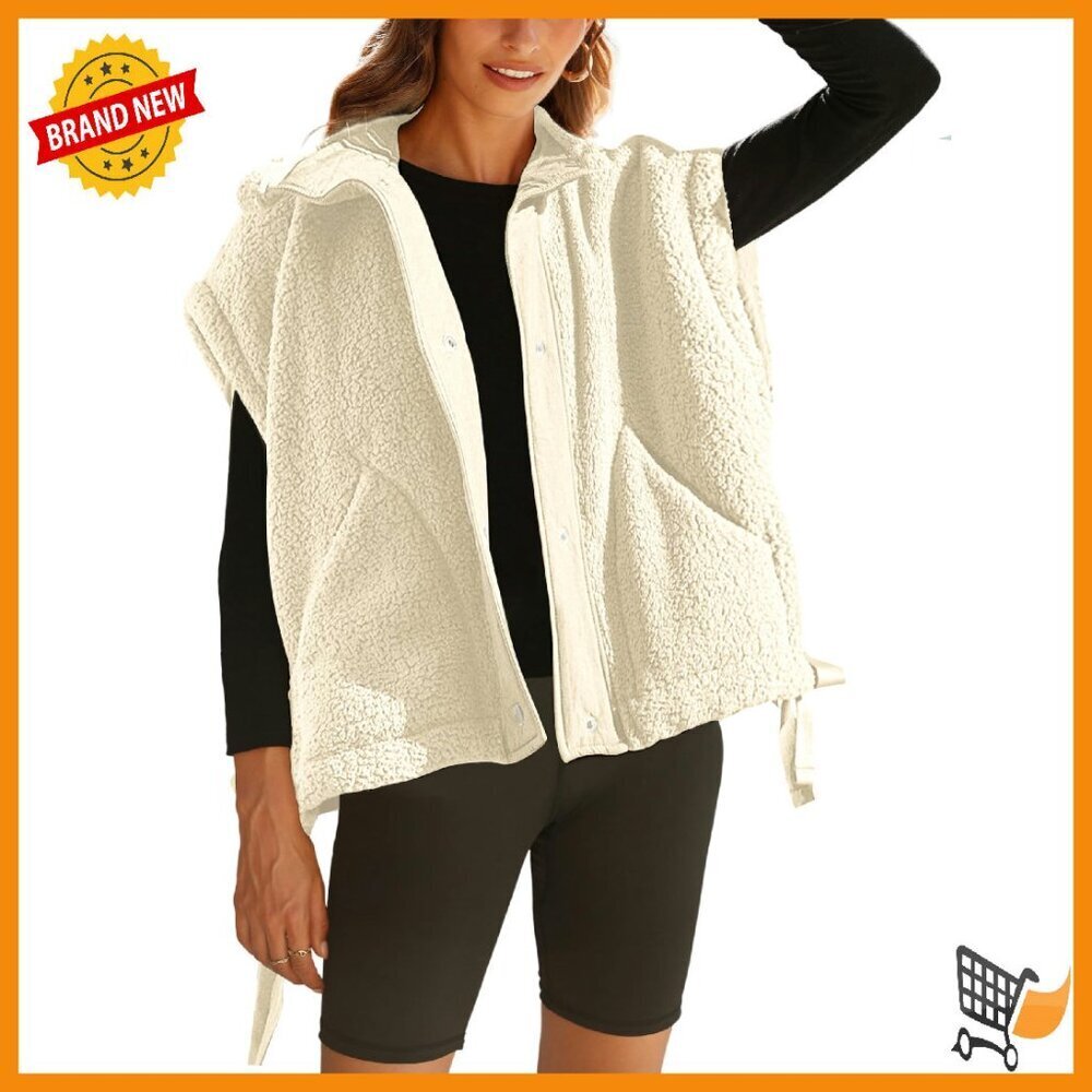 Oversized Fleece Vest Sherpa Lined Button Front Pockets Winter Warm